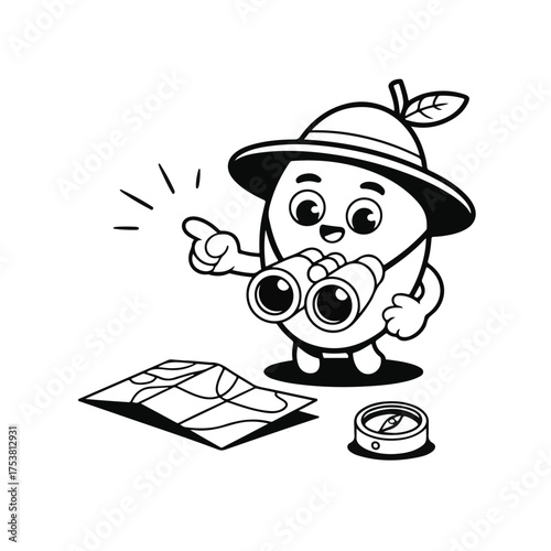Cute cartoon mango character wearing a safari hat holding binoculars and pointing with a map and compass for adventure