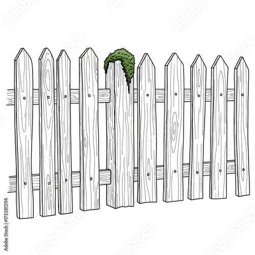 A handdrawn illustration of a wooden picket fence with a bush growing behind it, isolated on white background, creating a charming and whimsical scene with a touch of nature