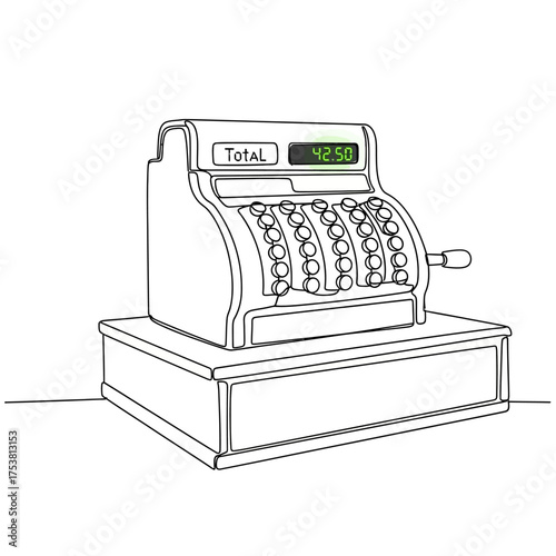 Continuous line drawing of a vintage cash register isolated on white background, symbolizing financial transactions, retail history, and the simplicity of oldfashioned business practices