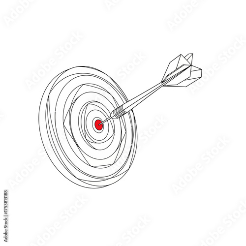 Line art of dart hitting the bullseye isolated on white background, symbolizing precision, accuracy, goal achievement, and the focus required to reach targets in business and personal endeavors