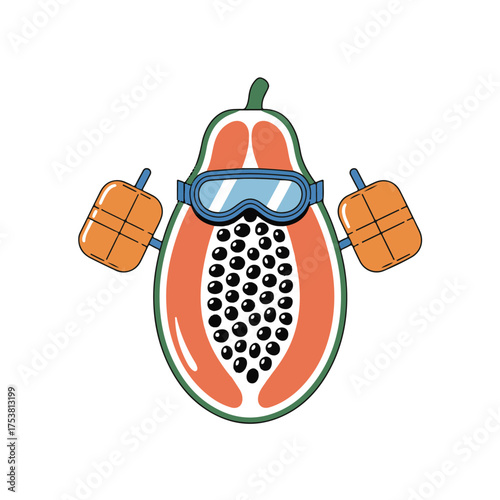 Cute cartoon papaya wearing swimming goggles and holding kickboards ready for a fun tropical vacation swim