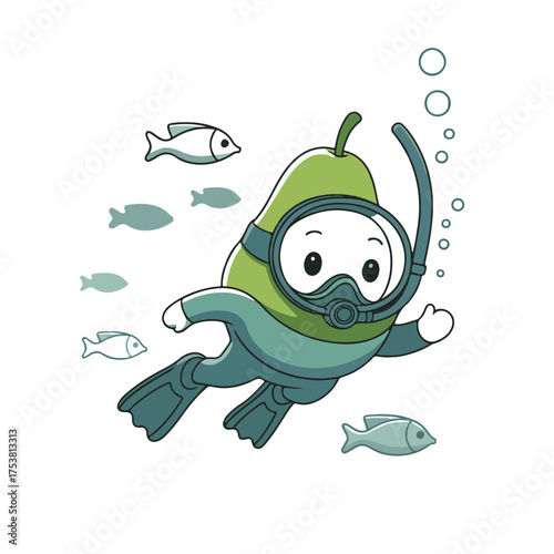Cute cartoon pear character wearing a snorkel mask and flippers swimming underwater with small fish and bubbles