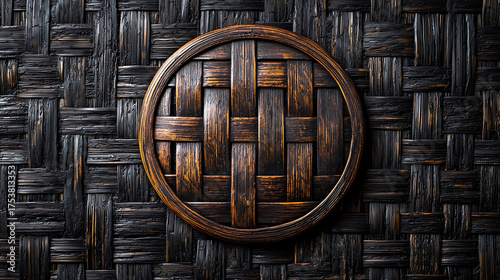 Close-up of a woven texture with a circular woven design in a warm, earthy tone