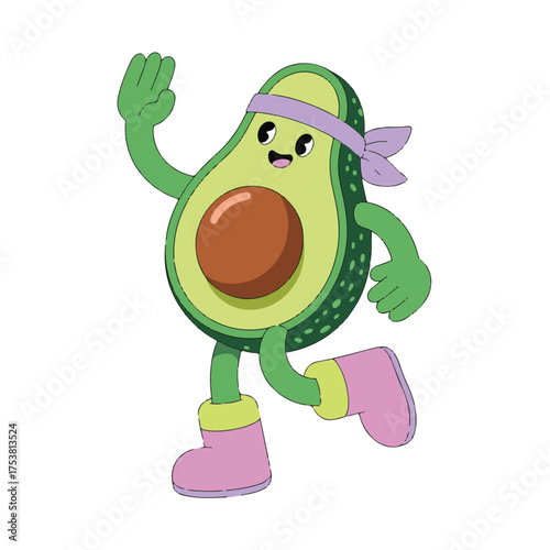Energetic cartoon avocado character with a headband and pink sneakers running with enthusiasm and joy