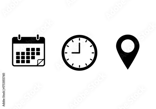 Icons representing date, time, and location, commonly used for scheduling and event planning.