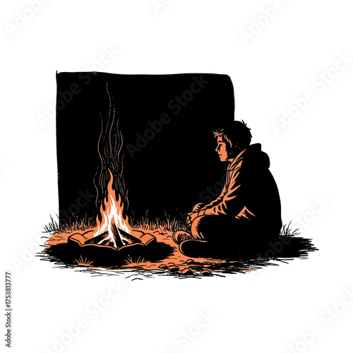 Illustration of a person sitting by a campfire isolated on white background showing the silhouette of a person sitting next to a fire in the dark, concept of loneliness