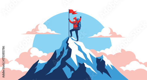 Triumphant climber plants flag on mountain peak, celebrating victory in challenging landscape, symbolizing achievement and determination, inspiring success stories