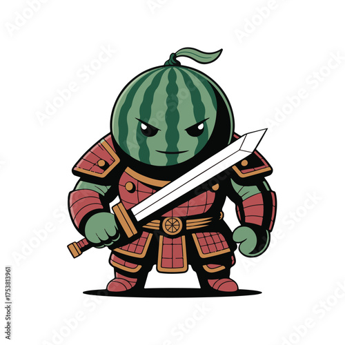 Fierce cartoon watermelon warrior in samurai armor holding a sharp katana sword ready for battle
