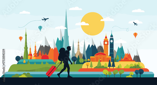 Global tourism adventure with world landmarks, vibrant cityscape, and traveler silhouette pulling luggage under sunny sky, perfect for travel promotions
