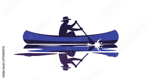 Adventurous explorer canoeing on calm waters with stunning reflections, perfect for outdoor adventure campaigns and travel promotions with a sense of freedom