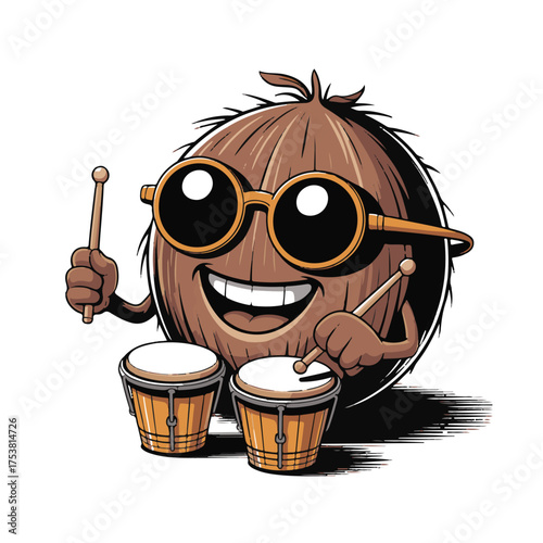 Happy cartoon coconut character wearing sunglasses playing bongo drums with drumsticks and a big smile