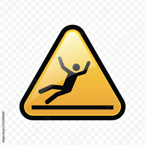 Glossy Yellow Warning Sign Icon for Slippery Surface or Falling Hazard