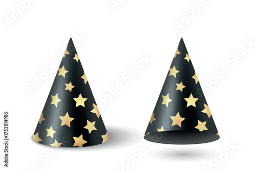 Vector 3d Realistic Party Hat Cone Set with Black Gold Stars, Isolated. Party Hat Clipart. Birthday Celebration Accessory. New Year Carnival Costume, Festive Decoration