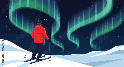 A skier under the stunning Northern Lights, perfect for travel adventures and winter wonderland themes