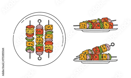 “BBQ Skewers with Grilled Vegetables and Meat on a Plate