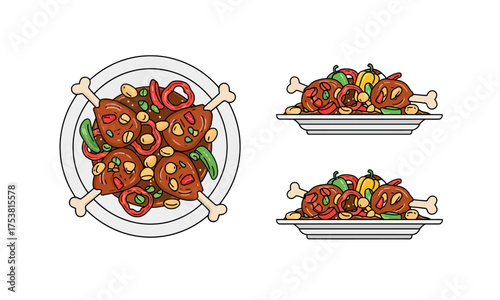 Top and Side View of Spicy Chicken Thighs with Vegetables and Peanuts