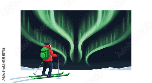 The majestic beauty of the Northern Lights with a thrilling ski adventure under the vibrant aurora borealis, a stunning winter escapade