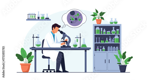 Dedicated scientist analyzing cells through microscope in modern lab for groundbreaking medical research and scientific advancements with potted plants nearby