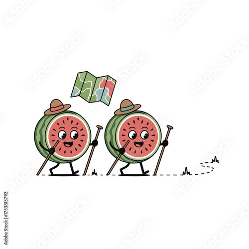 Two happy cartoon watermelons wearing hats and hiking with walking sticks and a map on a white background