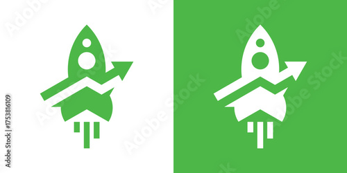 Modern vector logo combining rocket and arrow symbolizing growth, innovation, and business success. Clean geometric design with bold green tone, finance, and technology branding.