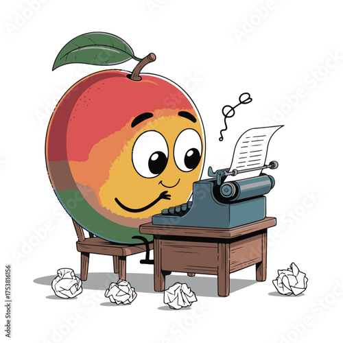 Whimsical anthropomorphic mango character enthusiastically typing on an old fashioned typewriter with crumpled paper balls scattered around