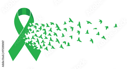 A vibrant green ribbon transforming into flocking birds, a symbol of hope and mental health awareness for campaigns and resources
