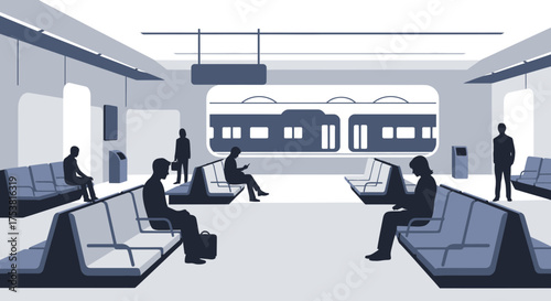 Abstract illustration of people at a train station platform waiting for train