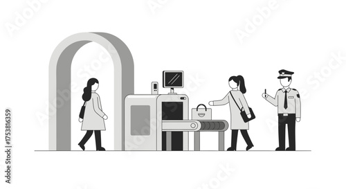 Airport security checkpoint scene with people and equipment illustration