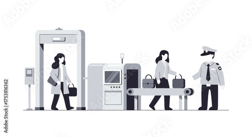 Airport security checkpoint vector illustration with travelers and guard
