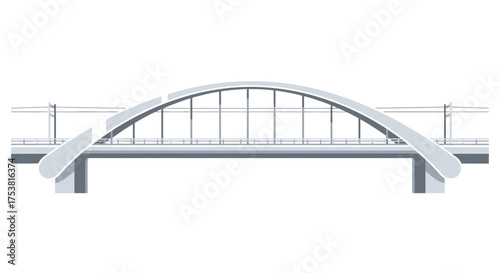 Architectural illustration of a gray steel arch bridge construction
