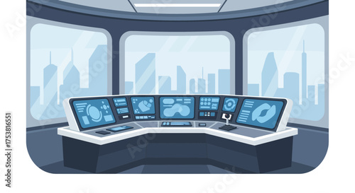 Futuristic control center with a cityscape view and digital interfaces