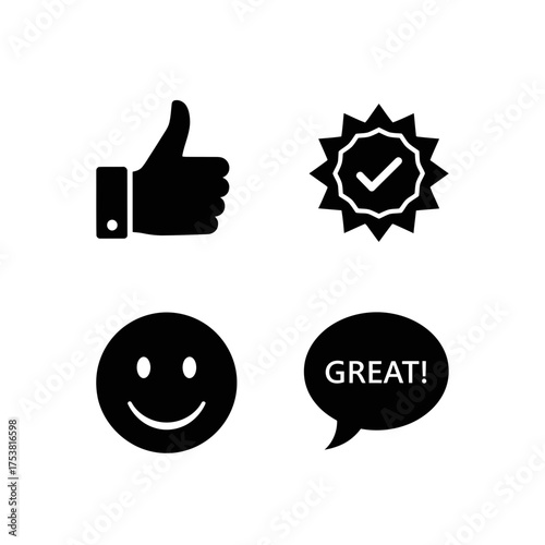 Positive Feedback Icon Set with Thumbs Up and Smile  