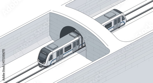 Isometric illustration displaying a subway train emerging from a tunnel