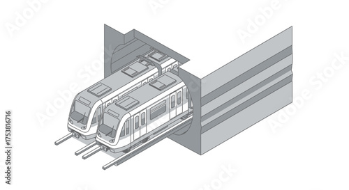 Isometric Illustration Featuring Metro Trains Entering a Concrete Tunnel