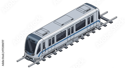 Isometric illustration displaying modern subway train on the tracks, urban mobility