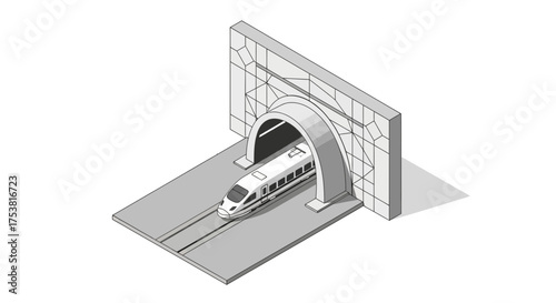Isometric illustration of a high-speed train emerging from a tunnel entrance