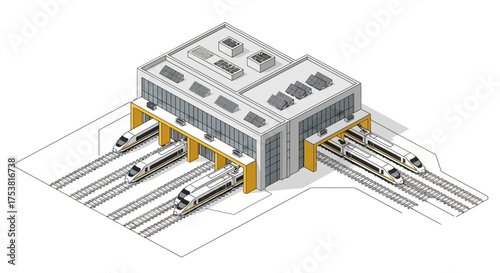 Isometric Illustration of a Modern Train Depot with Renewable Energy