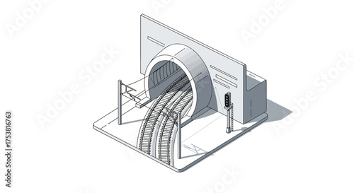 Isometric Illustration of a Train Tunnel Entrance with Tracks and Signals