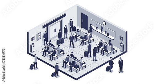 Isometric illustration of an airport waiting lounge with passengers and luggage