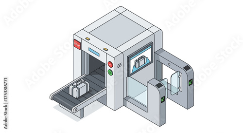 Isometric Illustration of Baggage Security Scanner and Turnstile Gate