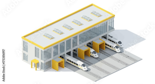 Isometric train depot with high speed trains parking inside illustration