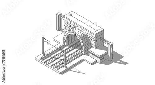Isometric train tunnel entrance, architectural design and engineering plan