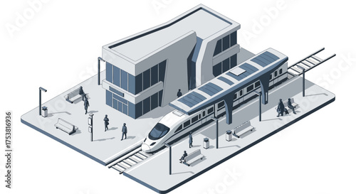 Isometric train station with high-speed train and passengers waiting