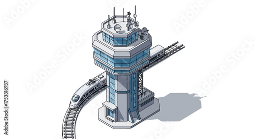 Isometric vector illustration of a train station with a control tower