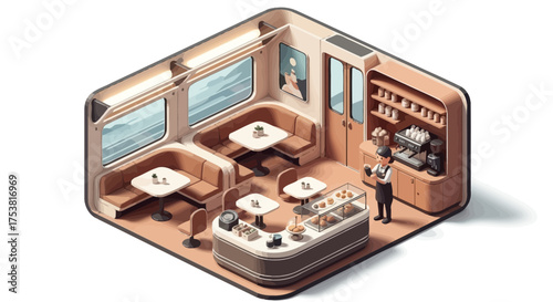 Isometric view of modern restaurant or cafeteria inside of a train car