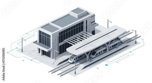 Isometric view of train station with modern building and train arriving