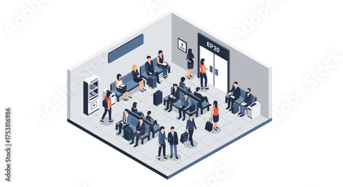 Isometric visualization of a waiting area with people preparing for a travel