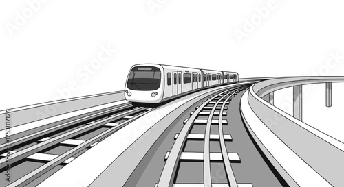 Modern elevated train on tracks, illustration of urban transportation