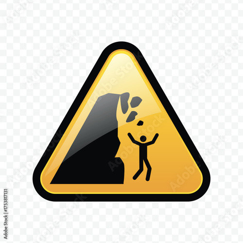 Falling rocks hazard warning sign with person below a cliff
