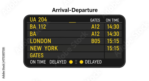 Modern flight schedule display showing arrival and departure times info